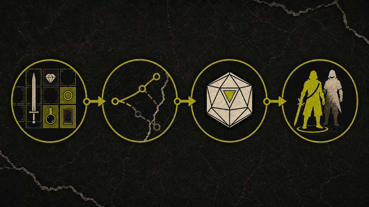 Lootbound first run decision loop covering inventory, route choices, a D20 check, and companion recruitment